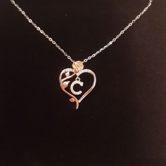 New 925 Initial C Rose Heart Love Necklace IEFIL New In Box - Picture 1 of 4